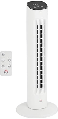 HOMCOM Ventilador de Torre 50W con Control Remoto Ventilador Silencioso con 3 Velocidades Temporizador 15h Oscilación 85° Pantalla LED 30x30x78 cm Blanco