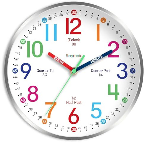 Roymnie Wall Clock for Kids Learning to Tell Time Easily Kids Teaching Clock Silent Non Ticking Battery Operated Colorful Teaching Time Clock Decorative for Kids Room Classroom School (8 Inch)