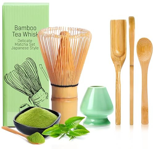 YSOOUA Matcha Schneebesen Matcha Besen 5er-Set Japanisches Zubehör für die Matcha-Zeremonie mit Matcha Löffel,Traditioneller Schöpflöffel, Teelöffel, Teepinselhalter aus Keramik (cyanfarben)