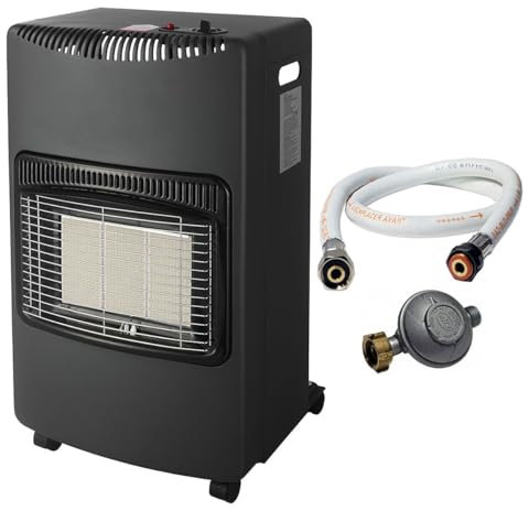 INTEC- Poele à gaz pliable Noir 4200W Allumage Piezo Chauffage d'appoint gaz Tuyau gaz + détendeur butane