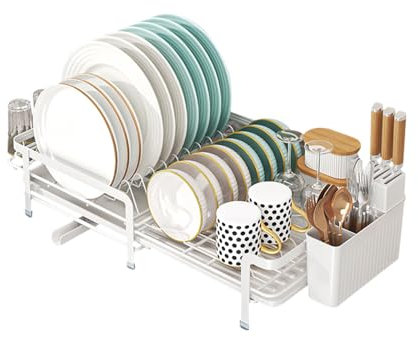 JOUING Scolapiatti da Cucina con Vassoio, Organizzatore Stoviglie in Metallo Nero, Portaposate Integrato (Bianco)