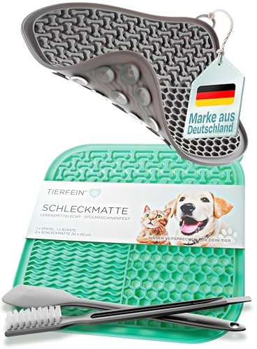 TIERFEIN – Schleckmatte Hund mit Saugnäpfen (2er Set, 20x20 cm) – Schleckmatte Katze zur Beruhigung & Förderung von langsamen Fressen – Leckmatte Hund inkl. Spatel & Bürste, BPA-frei