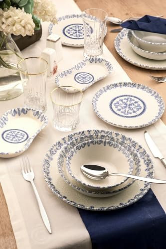 Juego de cena de 27 piezas, 100% porcelana, azul y blanco, incluye platos de servicio, bolos, platos de postre, apto para lavavajillas y microondas, elegante experiencia de comedor