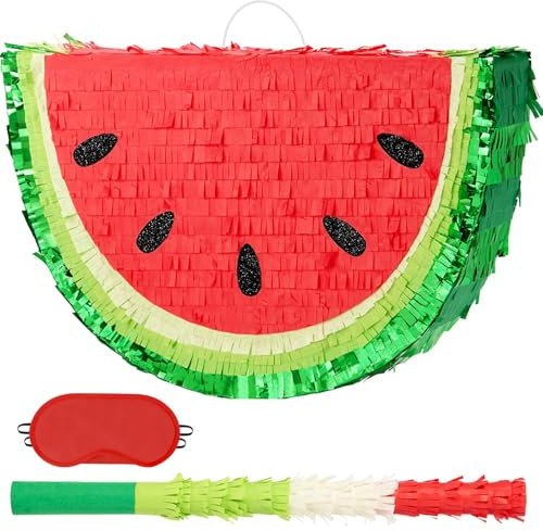 WERNNSAI Pinata pastèque – Décorations de fête d'anniversaire sur le thème des fruits d'été avec bandeau pour les yeux et chauve-souris pour l'été, fournitures de fête tropicale, fêtes, carnaval