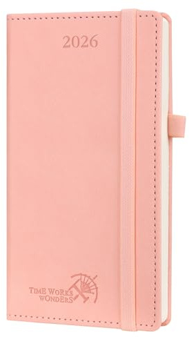 POPRUN Agenda 2026 Semana Vista Pequeña de Bolsillo 16,5 x 9 cm, Tapa Blanda en 12 Meses de Ene 2026 a Dic 2026, 1 Semanal 2 Páginas, 80 GSM Papel, Rosa