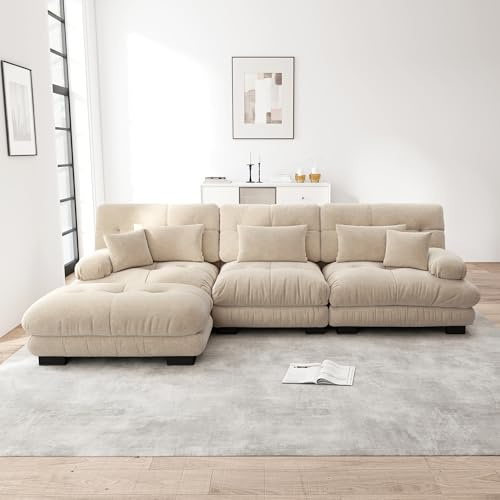 Rvjiahe Divano Modulare di Lusso ad Angolo - Divano Cloud Extra Large a Forma di L per Soggiorno, Divano Letto Profondo con Pouf, in Cord (Marrone Chiaro+3 Posti)