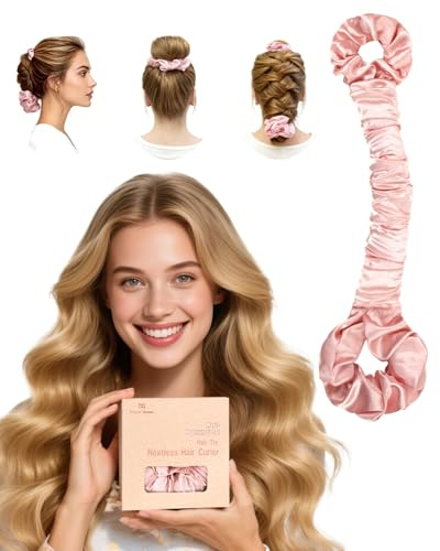 BONNET QUEEN Bigodini Morbidi per Dormire Satin Bigodino Lungo per Boccoli Arricciacapelli Senza Calore Hair Curler Heatless Curls con Scrunchie, Grandi, 1PZ, Rosa Crema