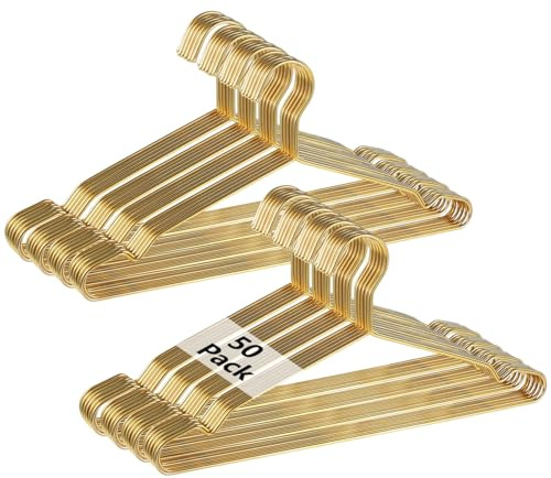 Gold Metal Hangers for Clothes - 50 Pcs Stainless Steel Wire Clothes Hangers, Heavy-Duty, Space-Saving for Coat Suit Dress
