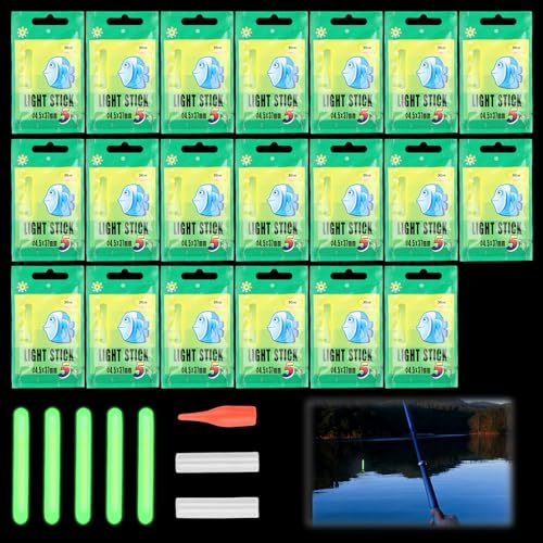 100 Piezas Palos Luminosos para Pesca, Glow Sticks 4,5x37mm, 30m Visibilidad Barras Luminosas Fluorescentes, Glowsticks Verdes Accesorios De Pesca para Pesca Nocturna,Cañas,Puntas de Caña,Flotadore