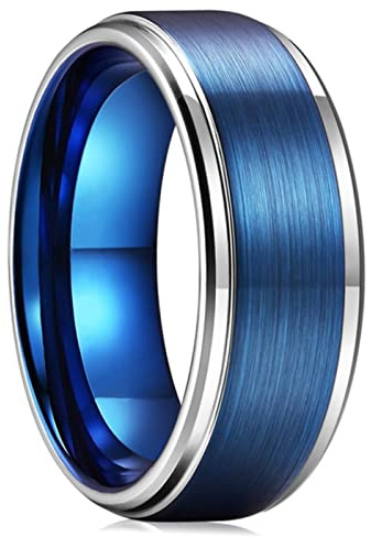 Mode 8 mm blå borstat rostfritt stål herrring Silverfärgad kant bröllopsband för män Smycken presentstorlek 6-13