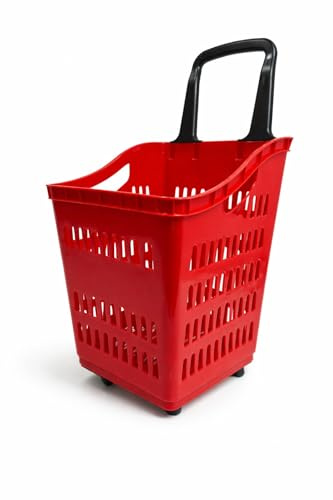 68L Shopping Trolley Basket with Wheels – Heavy Duty Plastic Supermarket Basket with Pull Handle – Rolling Retail Shopping Basket for Stores & Supermarkets (Pack of 1) (Red)