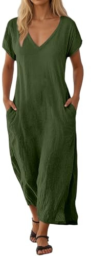 Vestido largo de verano para mujer con bolsillos, cuello en V, manga corta, largo, acampanado, monocolor, suelto, informal, de jersey