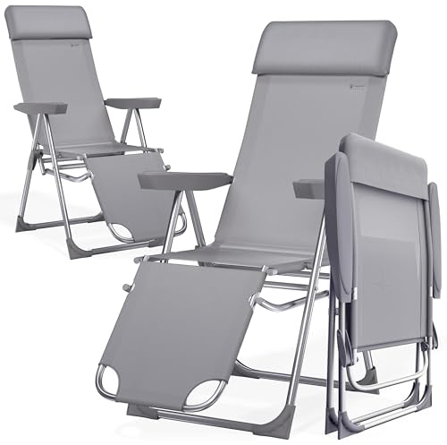 CASARIA® Sillas Gravedad Cero Plegables Set de 2 Reclinables Respaldo Alto Ajustable en 6 Posiciones Estructura Aluminio Exterior Jardín Balcón Playa Gris