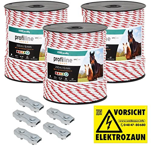 VOSS.farming 600m Weidezaunseil 6mm Elektrozaunseil 6X 0,25 HPC-Leiter - mit Zubehör - weiß-rotes Elektroseil Pferdezaun Weidezaun Elektrozaun Ponyzaun
