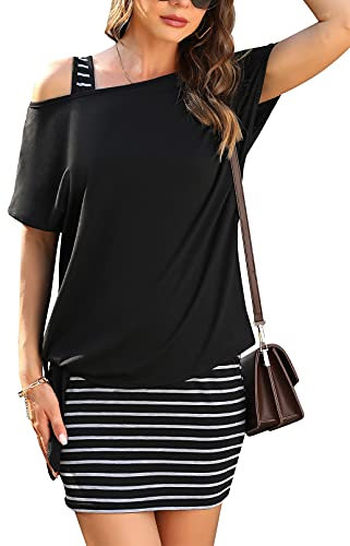 Gyabnw Damen Kleid Sommerkleid Shirtkleider Elegant Jerseykleid Sommerlicher Zweiteiler Kleid Oversize Shirt für Party Schwarz Streifen,L