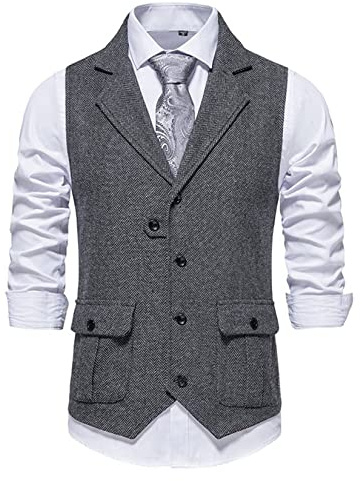 Mäns Tweed Väst Västerländsk Fiskbens Kostym Vest Vintage V Neck Slim Fit Waistcoat