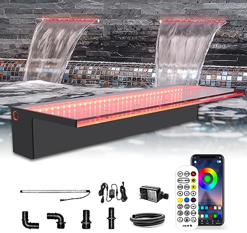 Longrun Derrame de Cascada, Control de aplicación, luz LED Multicolor para Exteriores, Kit de Fuentes de Agua acrílica Estanque Koi cascadas para decoración de jardín, Patio, Piscina - 60cm