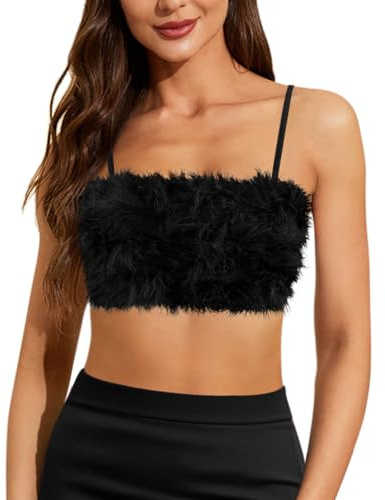 Segreto Women's Fuzzy Feather Crop Top Sexy Faux Fur Sleeveless Spaghetti Straps Bandeau Tank Tops Bra Y2K Party Club Vest, black, M