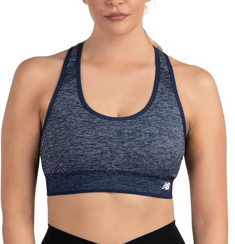 New Balance Seamless Womens Medium Impact Racerback Sports Bra - Padded Workout Yoga Top, Pigment, M