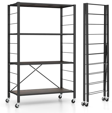 GOPLUS Lagerregal mit Metallrahmen, klappbares Servierwagen mit verstellbaren Etagen & Kippsicherung, Küchenwagen Transportwagen mit robusten Rädern, für Wohnzimmer, Küche & Garten (4 Ebenen,Schwarz)