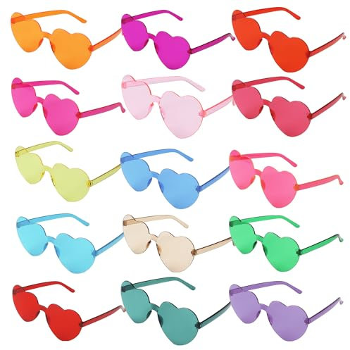 15 Stück Herz Sonnenbrille, Brille, Sonnenbrille Herz, Bunte Herzbrille Partybrille, geeignet für Halloween, Karneval, Geburtstagsfeier, Hippie-Kostümzubehör