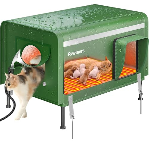 Pawtners Heated Outdoor Cat House for Outside Cats, 26'' XL Insulated Weatherproof Cat Shelter with Heated Pad, Elevated Feet & Escape Door, Warm Kitty House for Feral or Stray Cats in Winter