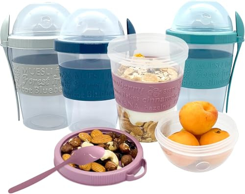 Bergmann Joghurtbecher To Go 600ml 4er Set – Müslibecher To Go mit Löffel Müsli To Go Becher mit Deckel für Joghurt Müsli Essen im Unterwegs Büro Schule (4)