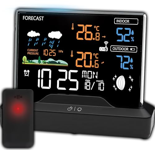 Retoo Wetterstation Funk mit Außensensor Funkwetterstation mit Wettervorhersage Innen und Außen Thermometer Hygrometer Barometer Luftfeuchtigkeit Funkuhr Sensor Reichweite 30m LCD Display Schwarz
