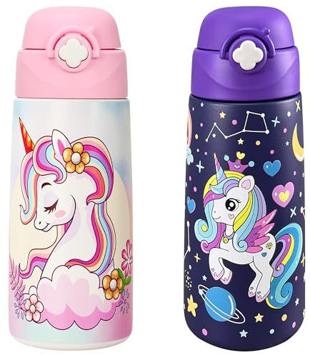 Ntswasd Termosflaska för barn i rostfritt stål sugrör termosflaska 500 ml -BPA fri läckagesäker termovattenflaska för skola, dagis (2-pack, enhörning + enhörning)