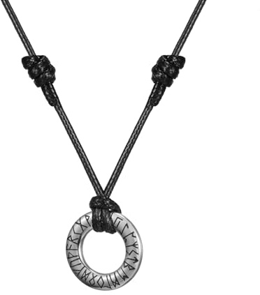 AFSTALR Collana da uomo con runa vichinga, in pelle, con ciondolo a cerchio, oro/argento/nero, stile vichingo, idea regalo per uomini e donne, 36 cm (max. 60 cm), Acciaio inossidabile