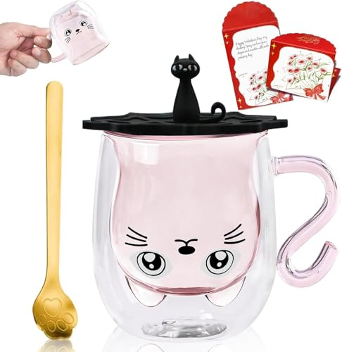 Taza de Café de Doble Pared, Taza de Café de Doble Pared con Animales de 280 ml con Cuchara, Taza de café de Animales con Capacidad para Latte Macchiato, Taza de Capuchino, Regalos para amigos