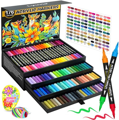 Lyuvie 176 Colores Rotuladores Acrilicos Set,88 Unid Acrylic Paint Brush Markers de Pincel, Rotuladores Acrílicos Permanentes para Pintar Piedras Tela Madera Vidrio Papel Plástico