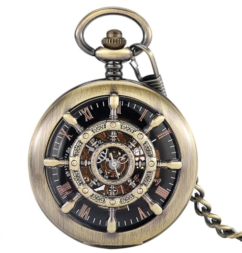 KJMWXOP Reloj de Bolsillo for Caballero, de latón, mecánico, Manual, con Esqueleto, números Romanos y Esfera Negra, Colgante, Collar, for Hombres y Mujeres.