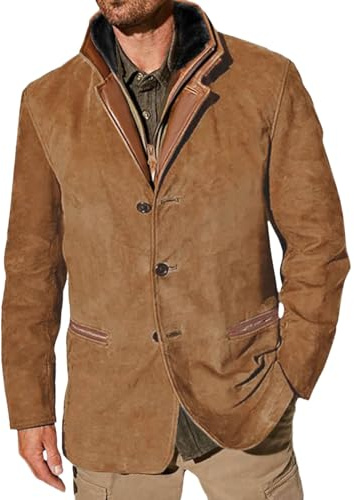 Vhersily 2025 Giacche Vintage in Pelle Scamosciata da Uomo, Blazer Doppio Strato con Collo, Lunghezza Media, per Autunno e Inverno, Giaccone Invernale Trench Coat Outwear, per Lavoro, Arrampicata