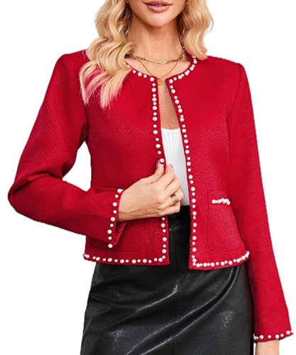 Women Cropped Tweed Blazer Jacket Long Sleeve Crewneck Open Front Pearl Trim Casual Fall Outfit with Pockets Red