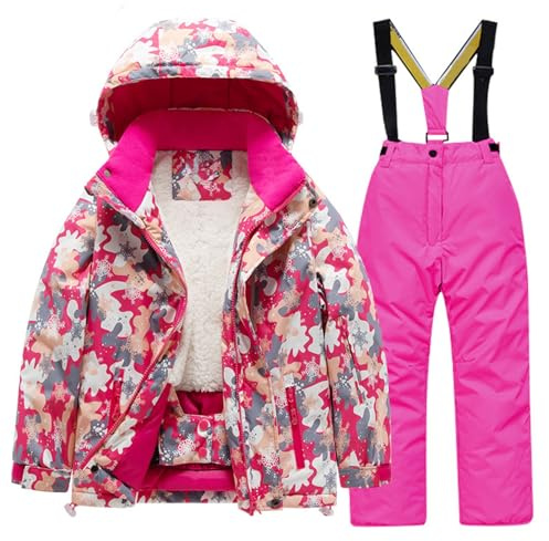 Gefüttert Skianzug Mädchen Junge Warm Schneeanzug Fleeceanzug Zweiteilig Winteroverall Thermo Daunenjacke mit Kapuze Zipper Skihose Winddicht 2 Teilig Schneeoverall (Hot Pink-B, 7-8 Years)
