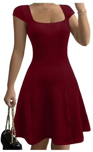 GORGLITTER Women's Scoop Neck Mini Dress with Short Cap Sleeve, High Waist, Ruffle Hem, A Line Swing Style - Summer Casual, Party, Travel, XS-XL Burgundy Red Large