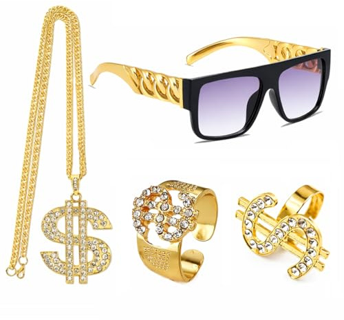 OIXEYA 4 Pezzi Hip Hop Costume Accessori Kit, Anni '80 '90 Accessori, Collana Rapper, Set Accessori Rapper Costume Hip Hop, Collana Dollaro, Anello Simbolo, Occhiali da Sole Oro Set, Per Carnevale