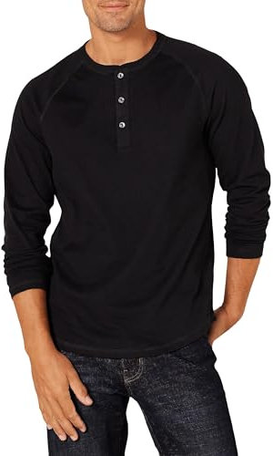 Amazon Essentials Herren Langärmeliges Henley-Shirt, Schmale Passform, Schwarz, L