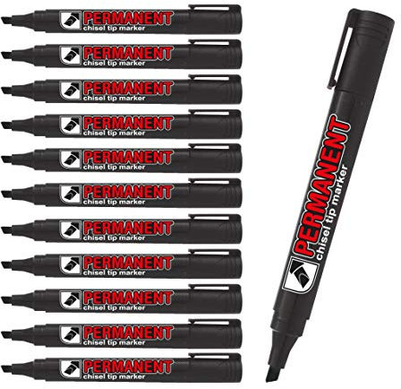CROWN Permanent Markers Chisel Tip Markers - Pack Of 12 - Permanent Ink - Black - 2mm-5mm Line (875201)