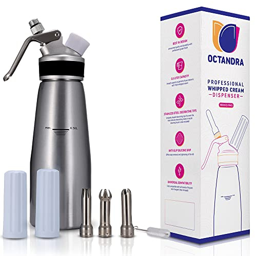 OCTANDRA Professional Whipped Cream Dispenser 1 Pint Aluminum Whipper Canister - Whipping Siphon - Cream Maker with 3 Stainless Steel Tips, 2 Charger Holders, Brush & Storage Cap