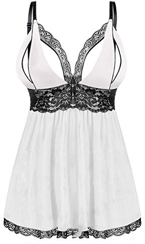 EVELIFE Femme Babydoll Ensemble Lingerie Grande Taille Dentelle Chemise Vêtement de Nuit Sexy Robe avec G-String(Blanc XXXL)