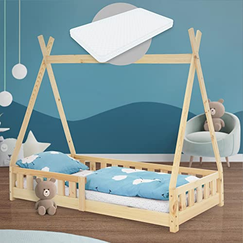 ML-Design Lit Enfant Tipi 80x160 cm Naturel avec Matelas à Mousse Froide Polyester, Housse Amovible, Sommier à Lattes, Anti-Chute, Lit Style Indien en Bois de Pin Massif, Protection Contre Les Chutes