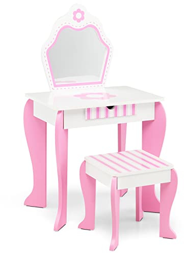 GOPLUS Sminkbord för barn, sminkbord med pallspegel, 2-i-1 toalettbord med låda, sminkbord med små rosa blommor för flickor, perfekt för barnrum vit