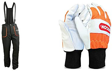 Oregon Yukon Chainsaw Safety Protective Bib & Braces Trousers - Type A Protection (L) & Chainsaw Left-Hand Protection Leather Gloves – Medium (Size 9) (91305M)