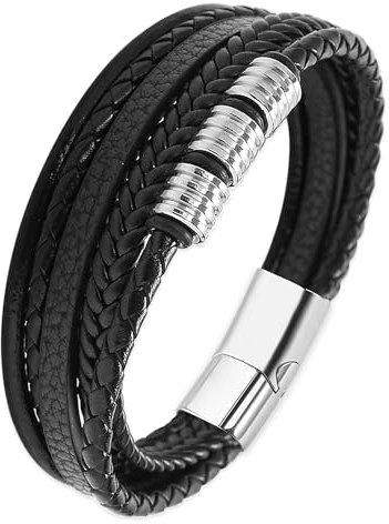 Mochity Lederarmband Herren, Herren Armband Edelstahl, Viking Herrenarmband, Schwarz Armbänder Für Männer, Männer Geschenke (D)