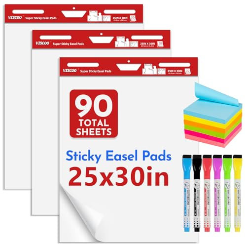 VISCOO Klibbig stafflidyna, 61 x 76 cm stort diagram papper för lärare, 3 dynor självfästande stafflipapper för vit bräda, vitt klibbigt ankare diagrampapper, med klisterlapp och markörer, 30 ark/dyna