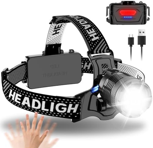 LeKaufen Stirnlampe LED Wiederaufladbar, Kopflampe mit Bewegungsmelder Rücklicht, 10000 Lumen Zoombar Wasserdicht Powerbank für Angeln Wandern Camping Outdoor Arbeit