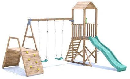 Dunster House SquirrelFort Kids Wooden Climbing Frame with Double Swings, Raised Platform, Rock Wall & Long Slide – Durable Outdoor Garden Play Tower for Children