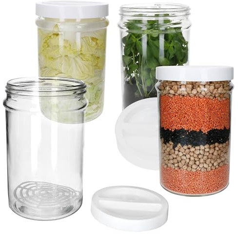 MamboCat ORTES Lot de 4 bocaux de conservation ronds I 5 l I Bocaux en verre avec couvercle en plastique blanc & grille de fermentation I Idéal pour l'insertion, la conservation et le stockage